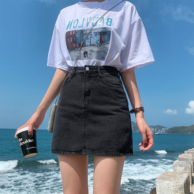 Slim High Waist A-Line Black Denim Skirt for Women