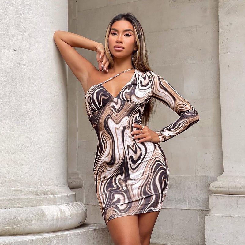 One Shoulder Long Sleeve Water Ripple Dress