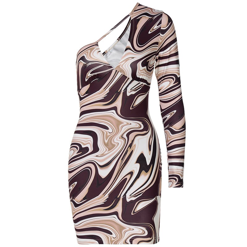 One Shoulder Long Sleeve Water Ripple Dress
